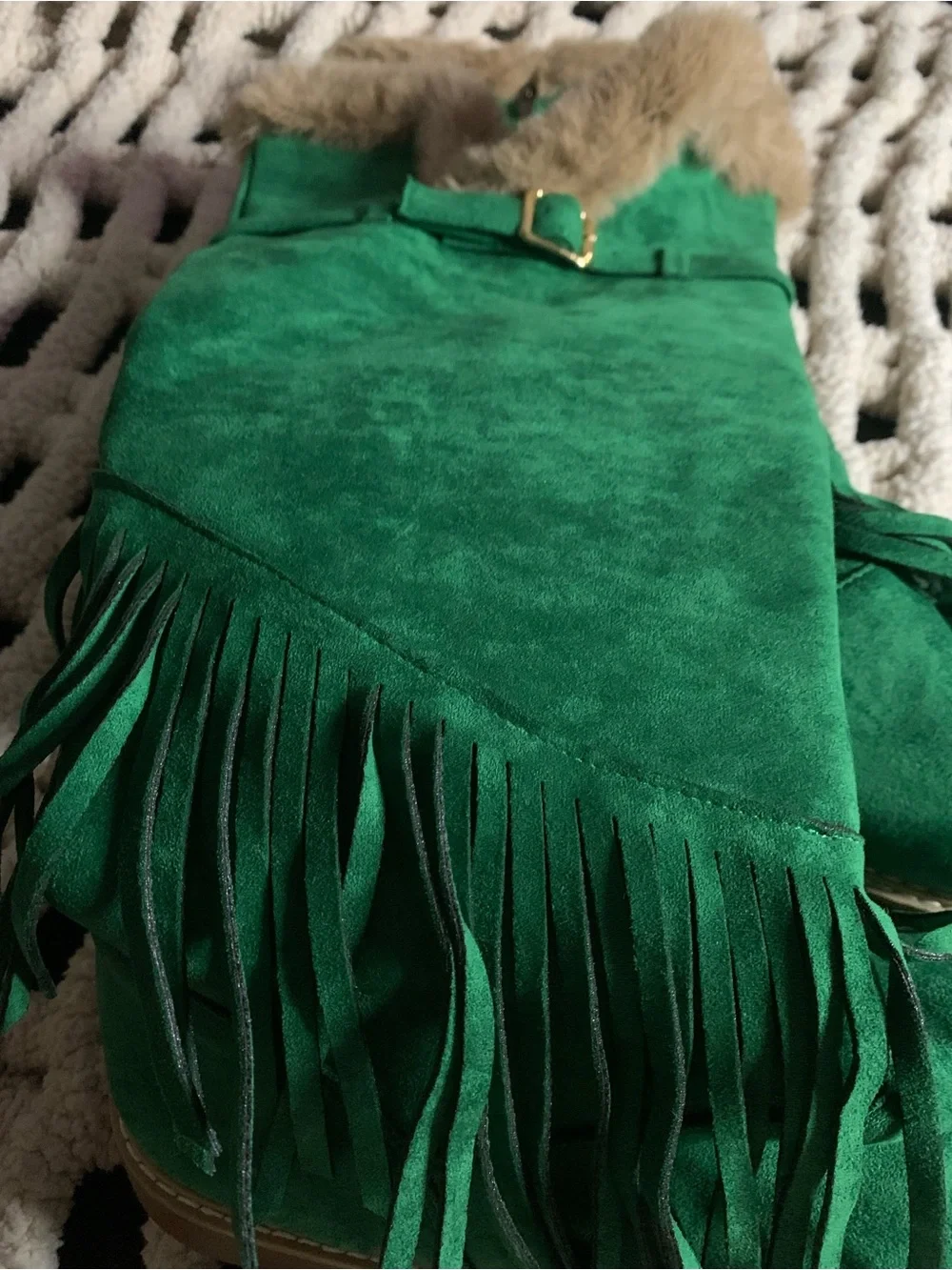 Green Fringe Faux-Suede Knee Boots with Faux-Fur Cuff